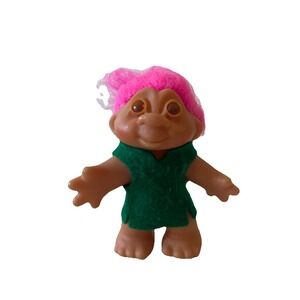 Troll Doll DAM 1986 Vintage Pink Hair Amber Eyes With Green Dress